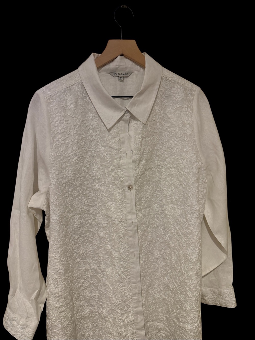 John Mark 100% Linen White Embroidered Collared Blouse 2X